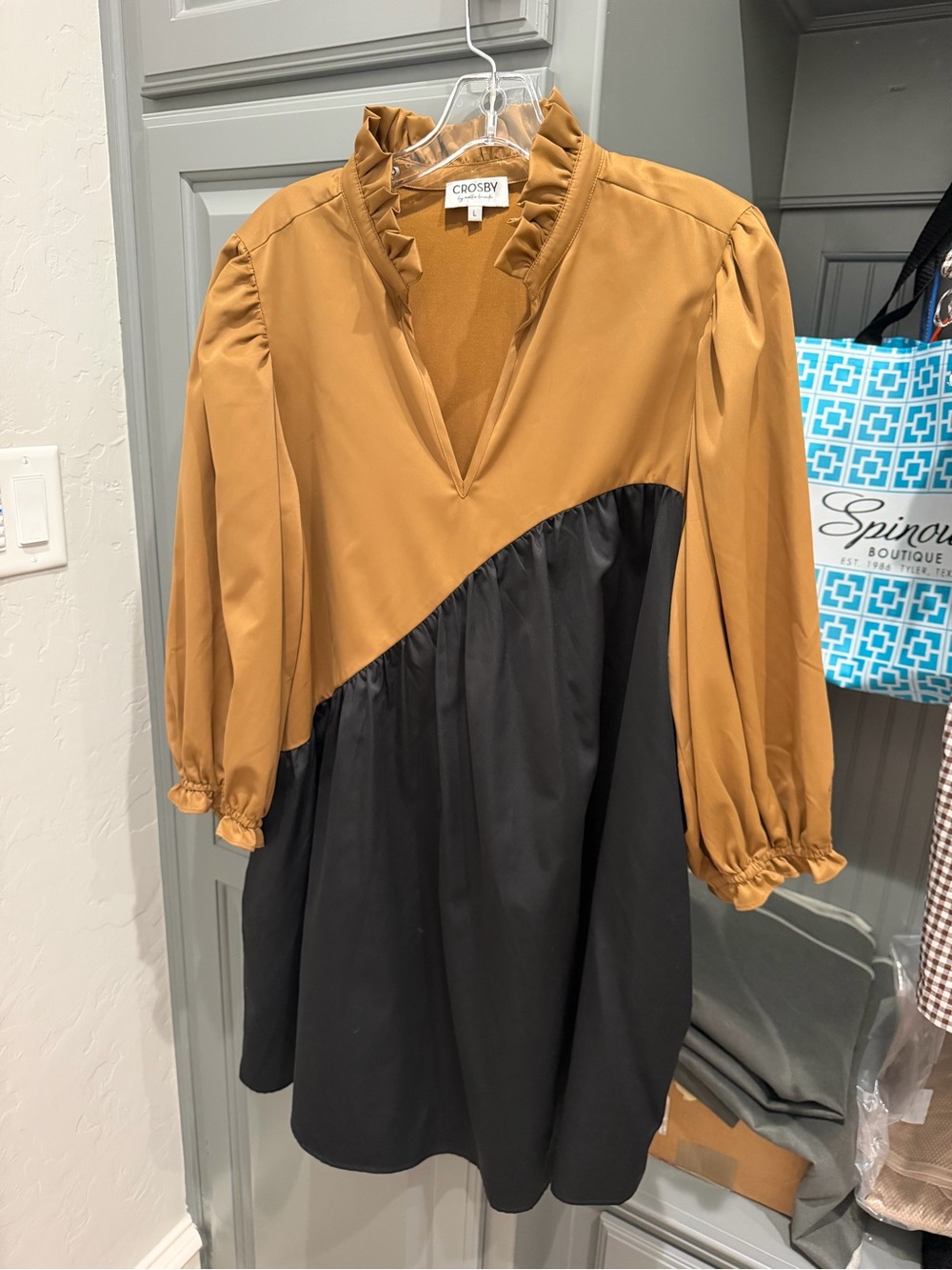 CROSBY by Mollie Burch Orange and Black Two-Tone Ruffle V-Neck Dress